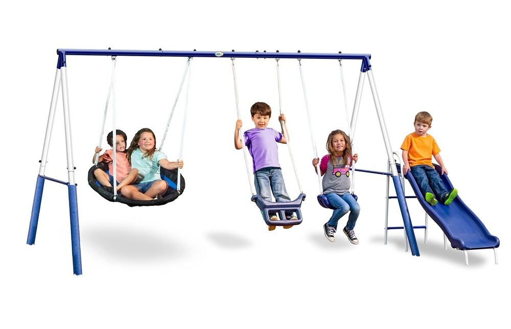 Swingin’ More Fun – 5 User / 4 Station Swing Set with 5′ Wave Slide, Outdoor …
