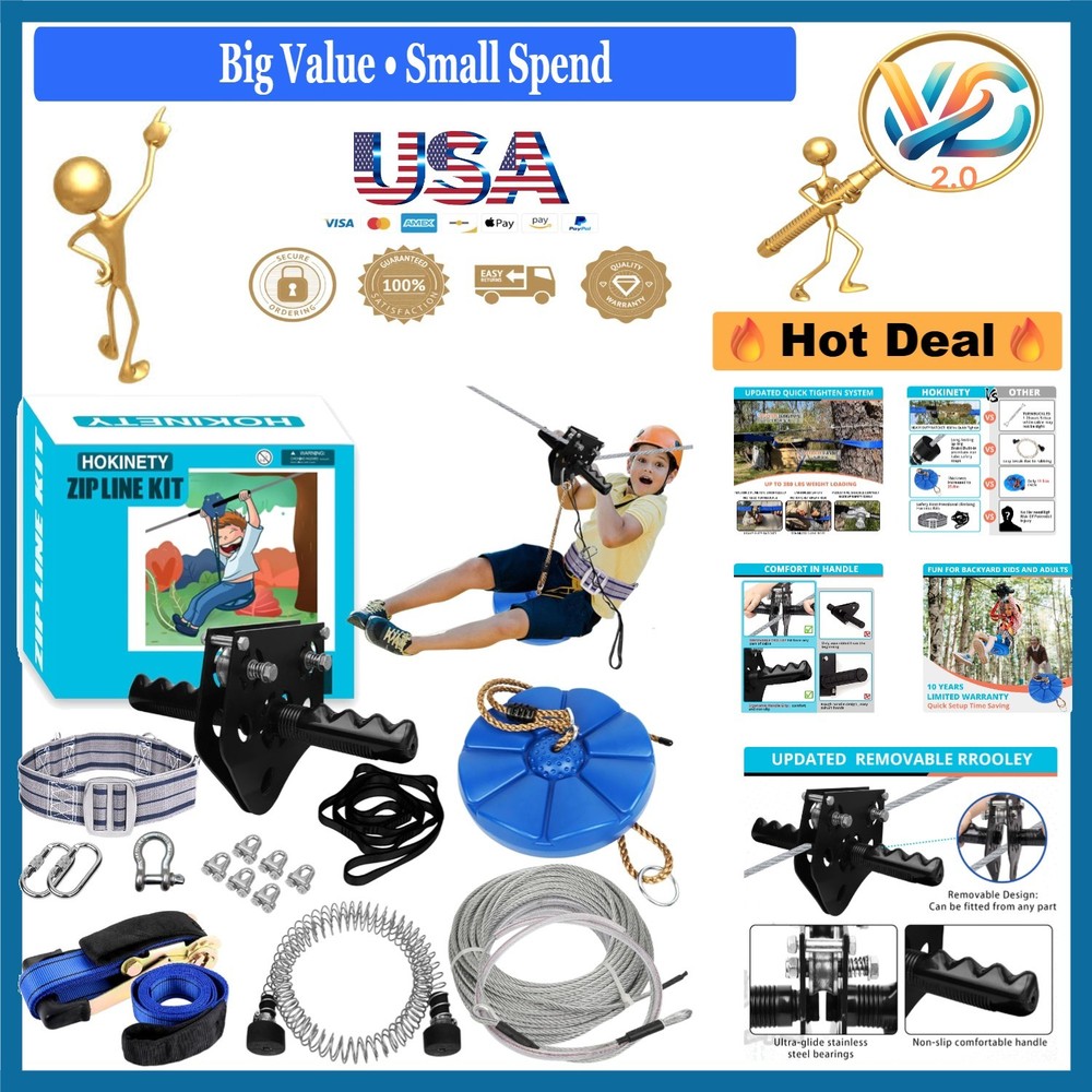 Heavy Duty Zip Line Kit for Kids Adults 120ft-200ft Up to 380Lbs Outdoor Safe…