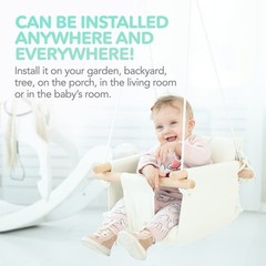 – Canvas Baby Swing Wooden Hanging Swing Seat Chair with Safety Belt Durable …