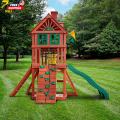 Wooden Swing Set with Wood Roof Two Slides Swings and Climbing Wall Playsets NEW