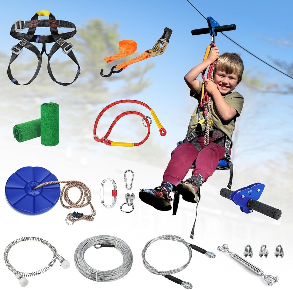 Zipline Kits for Backyard w/ Stainless Steel Spring Brake 125 FT Safety Harness