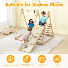 5-in-1 Kids Indoor Playground w/ Slide Climbing Rock Adjustable Swing Wooden