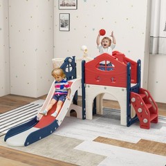 6 in 1 Toddler Slide, Kids Slide with Climber, Basketball Hoop, Tunnel