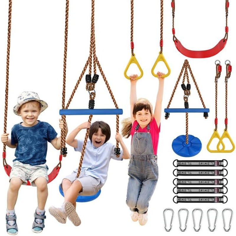 3Pcs Kids Outdoor Swing Set with Adjustable Ropes, Disc & Ring Hangers, Trapeze
