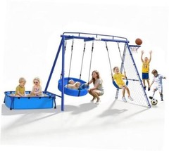 5-in-1 Heavy Duty Metal Swing Set with Sandbox for Backyard, 800 LBS Blue