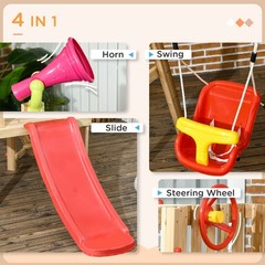 4 in 1 Wooden Swing Set with Swing Slide Horn Steering Wheel