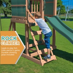 4-in-1 Cedar Swing Set: Slide, Rock Wall & Soft Cushion Swings for Backyard