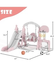 5-in-1 Pink & White Kids Playset: Slide Swing Climber Basketball Hoop Soccer