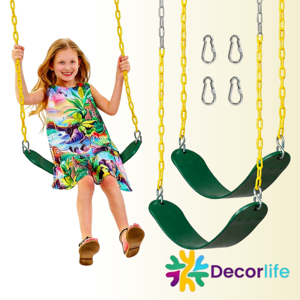 2x Swing Seat for Swing Set, Support 330lb, with Coated Chain & Snap Hooks Green