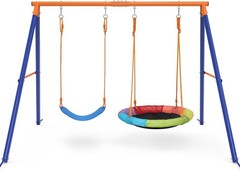 Pre-Owned Swing Set with Stand 2 Swings Kids Heavy Duty Metal A-Frame Outdoor