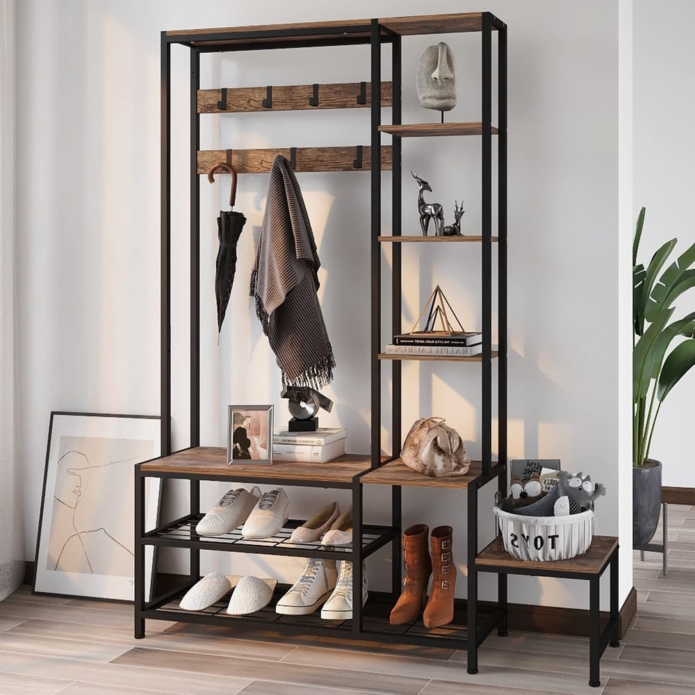 Espelism Hall Tree with Shoe Storage Bench Coat Rack with 7 Hooks Interchange…