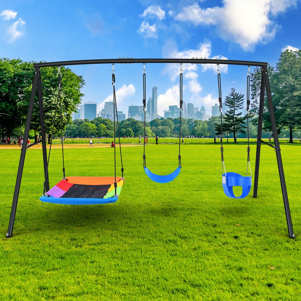4 IN1 Heavy Duty Metal Swing Set Kids Backyard Playset with 3 Swings for Outdoor