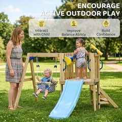 Outsunny Wooden Swing Set with Slide, Baby Swing Seat, Fort for 1.5-4 Years