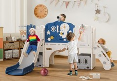 12-in-1 Toddler Slide Playset – Astronaut Theme, Basketball Hoop & Ring Toss, Ag