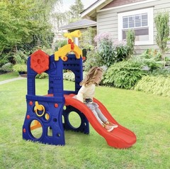Costway 6-in-1 Freestanding Kids Slide w/ Basketball Hoop Play Climber Slide Set