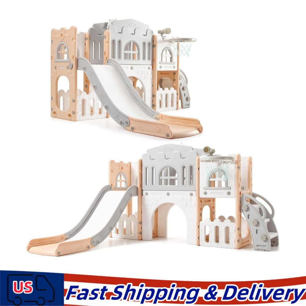 8 in 1 Toddler Slide Kids Climber Playset Indoor Outdoor Slide Playset Pink