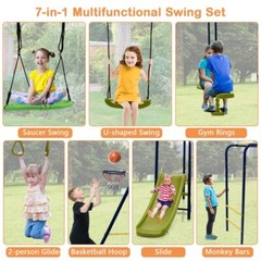 7-in-1 Outdoor Garden A-shaped Kids Swing Set Heavy Duty Saucer Swing Gift Kids