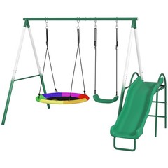 Metal Swing Set with Slide, Heavy Duty Swing Set, Dark Green