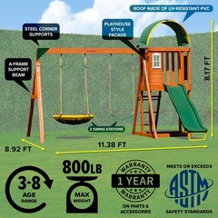 Outdoor Wooden Swing Set Backyard Playground Slide Saucer Play Fort Heavy Duty