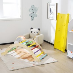 3-in-1 Kids Climber Set Wooden Arch Triangle Rocker w/ Blue & Ramp Mat