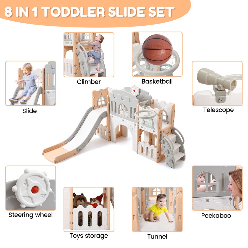 8 in 1 Toddler Slide Indoor Playground Outdoor Playground with Basketball Hoops