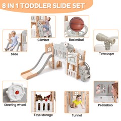 8 in 1 Toddler Slide Indoor Playground Outdoor Playground with Basketball Hoops