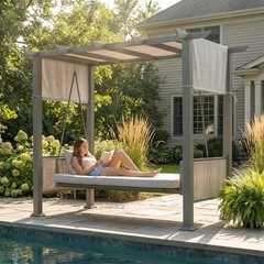 3-Seat Porch Swing with Stand 2in1 Convertible Bed Wicker Canopy Gray Outdoor