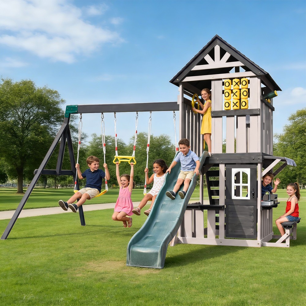 Giant Wooden Kids Swing Slide Set Playhouse,Kitchen,Rock Wall Playground Outdoor