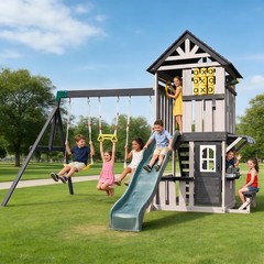 Large Wood Kid Swing Set Slide,Rock Wall,PlayKitchen Backyard Outdoor Playground