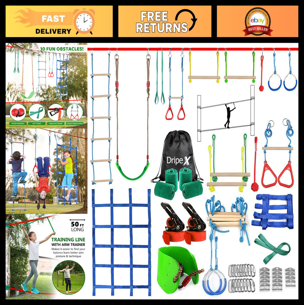 Kids Ninja Warrior Obstacle Course – 50ft Slackline Kit with 10 Accessories, Swi