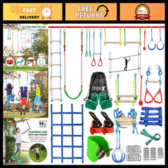 Kids Ninja Warrior Obstacle Course – 50ft Slackline Kit with 10 Accessories, Swi