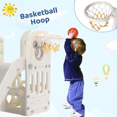 4 in 1 Kids Slide Toddler Climber Playset w/ Basketball Hoop and Store Space