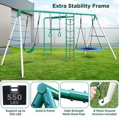 Heavy Duty Metal Swing Set Playground Set for Backyard w/Monkey Bar Climbing Net