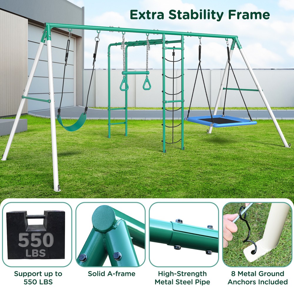 Heavy-Duty Metal Swing Sets for Backyard with 2 Swings, Ladder and Monkey Bar