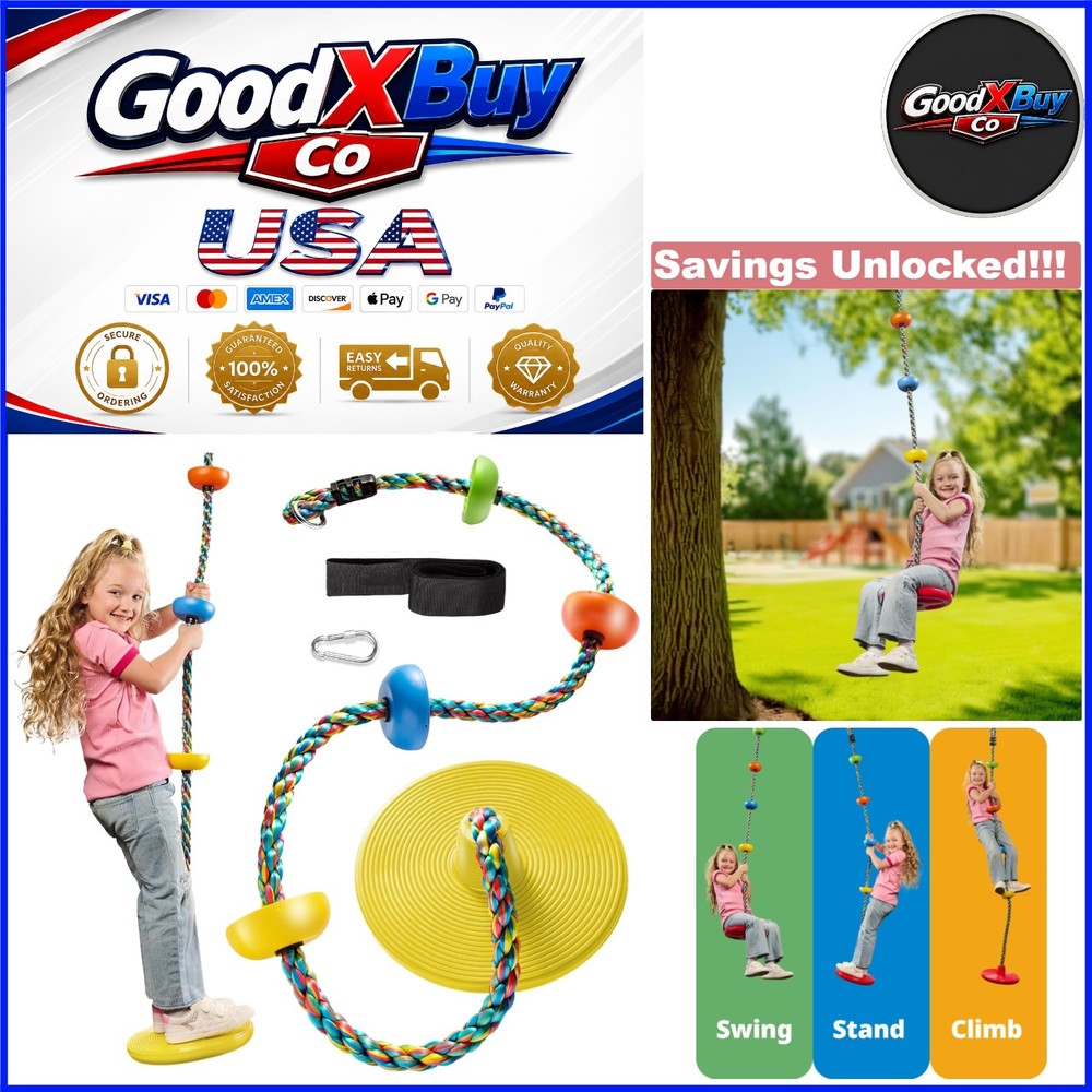 Kids Tree Swing Set with Rainbow Climbing Rope Disc Seat Carabiner 80in Strap