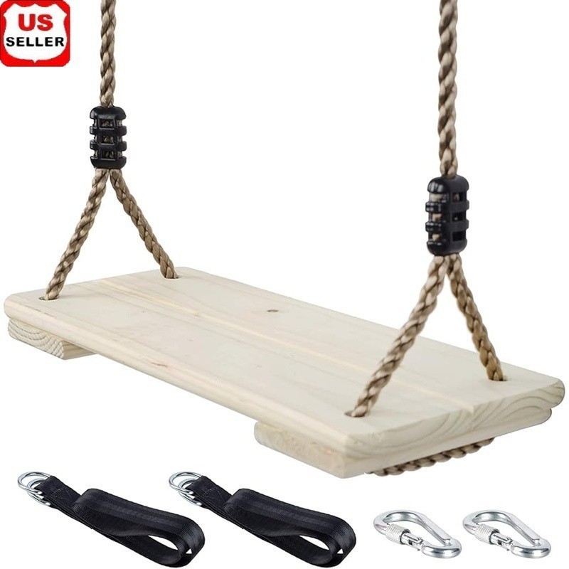 Wooden Swing Seat Kids Tree Backyard Therapy Adjustable Height Easy Install New