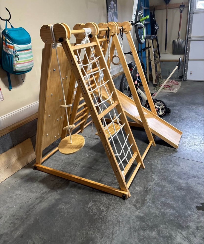 Funphix Wooden Climber Play Set with Slide, Monkey Bars, Ages 2-12