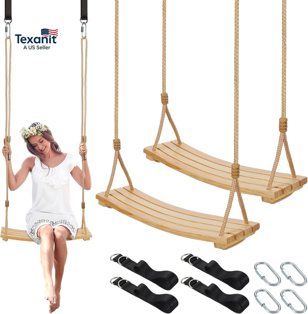 2 Pcs Wood Swing Seat Carbonized Hanging Wood Tree Swing with Adjustable Rope An