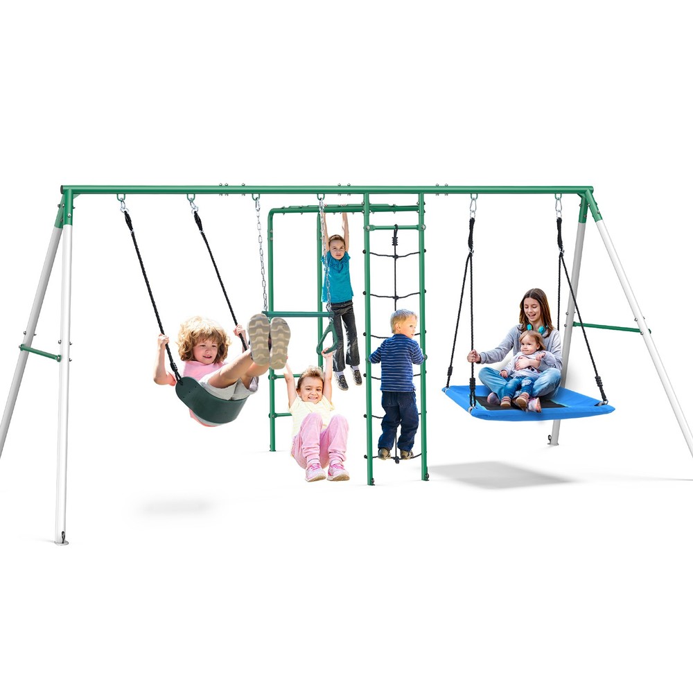 550lb Heavy Duty Swing Sets for Kids Backyard w/ Monkey Bars, 2 Swing, Ladder