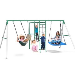 Heavy Duty Metal Swing Set Playground Set for Backyard w/Monkey Bar Climbing Net