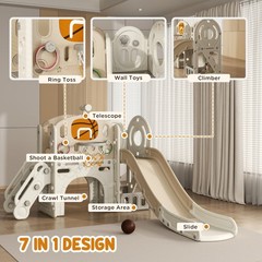 7-in-1 Toddler Slide Playset Indoor for Aged 1-6 Years w/ Ring Toss