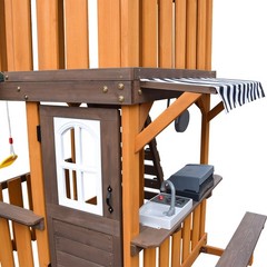 Wooden Kids Swing Slide Set Playhouse Kitchen, Rock Wall Outdoor Playground
