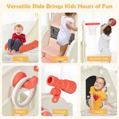 6-In-1 Large Slide for Kids Toddler Climber Slide Playset w/ Basketball Hoop