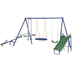 Outsunny Metal Swing Set for Kids with Double Swings Slide Seesaw Glider