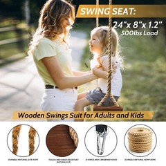 Wooden Swing,Seat 24″x 8″x 1.2,500lbs,Adjustable Hemp Rope & Extension Tree S…