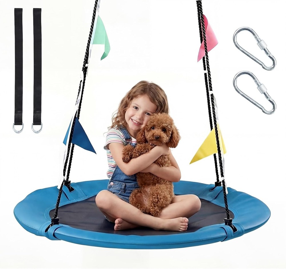 40″ Saucer Tree Swing for Kid Adult with Adjustable Rope Colorful and Flags Blue