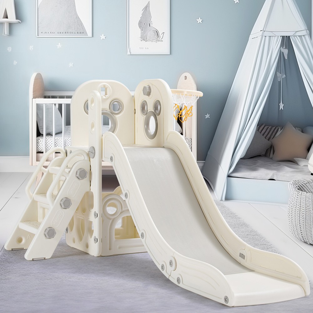 4 in 1 Kids Slide Toddler Climber Playset w/ Basketball Hoop and Store Space