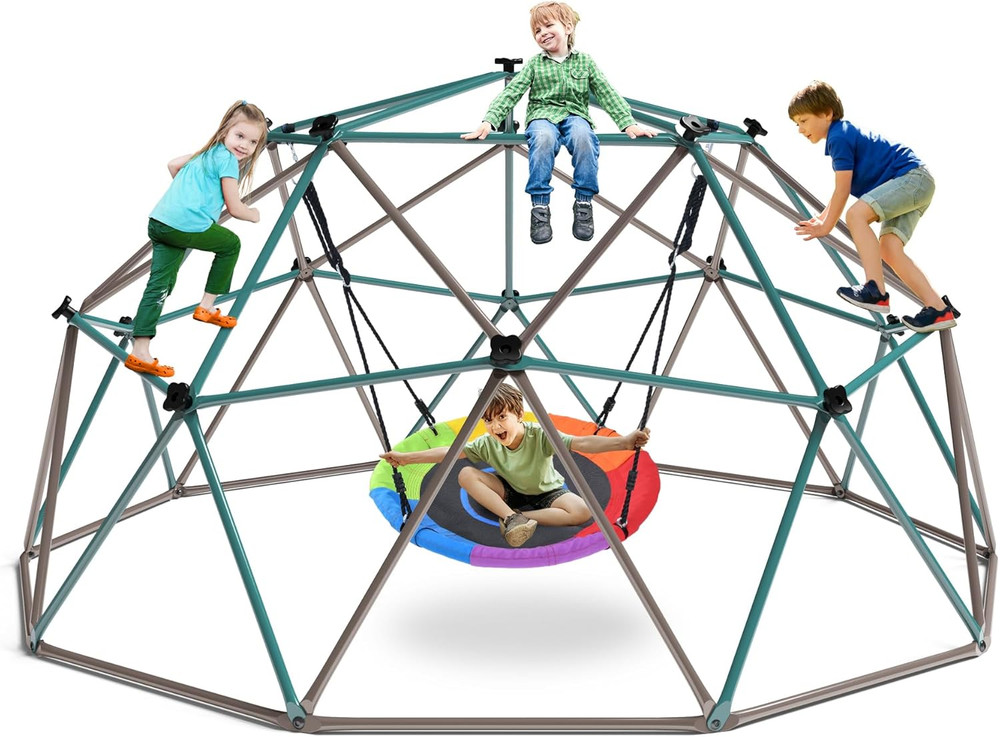 10 Ft Climbing Dome Swing Set with Saucer Swing, Jungle Gym for Kids Outdoor Bac