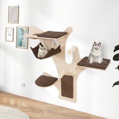 Wall-Mounted Cat Tower w/ Perch Hammock Sisal Scratching Posts & Mat Cushions