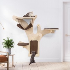 Wall-Mounted Cat Tower w/ Perch Hammock Sisal Scratching Posts & Mat Cushions